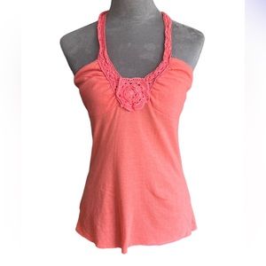 Lush coral halter neck tank with lace trim and flower appliqué